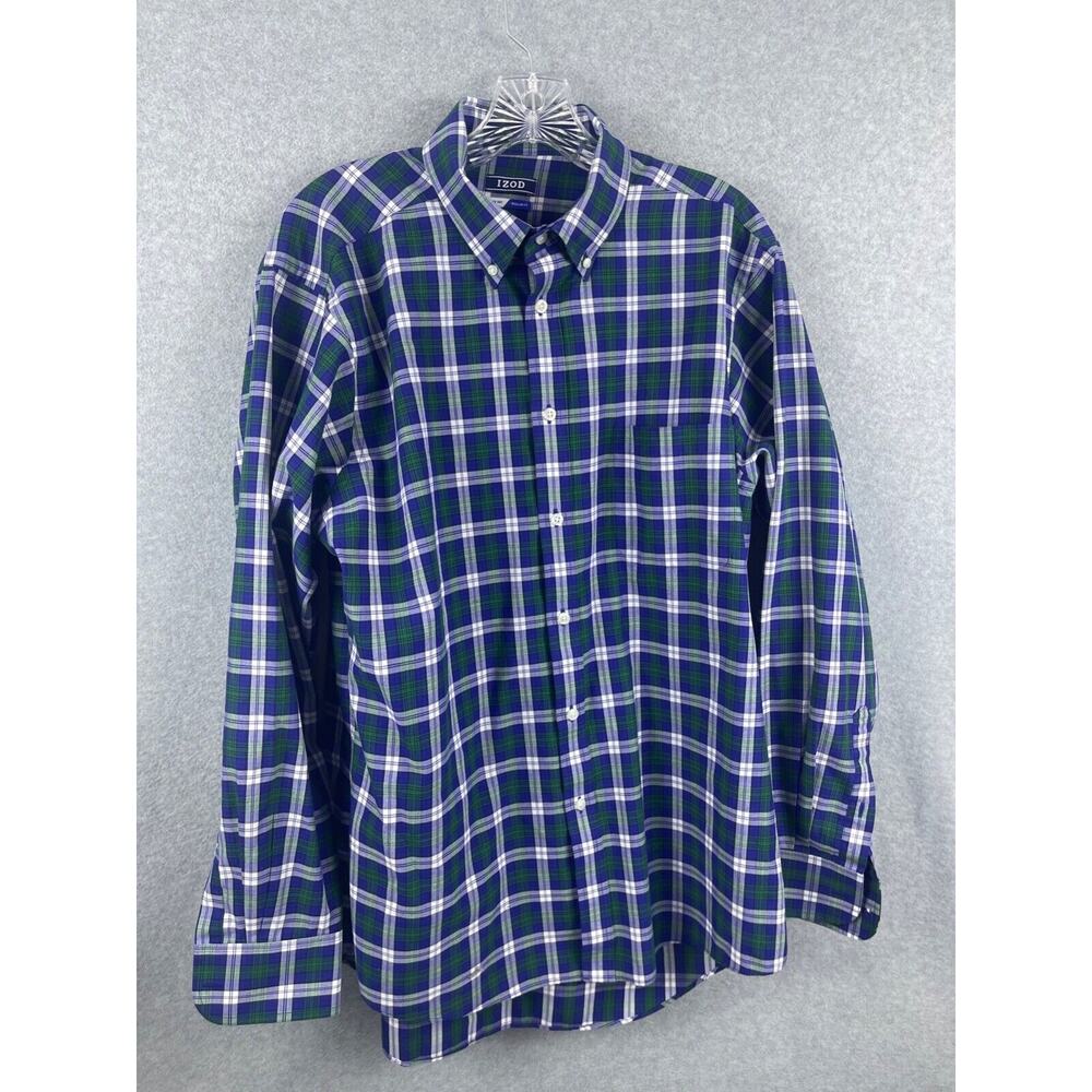 IZOD Shirt Men's 16 Sleeve 34/35 Blue Plaid Long Sleeve Button Down Casual Work